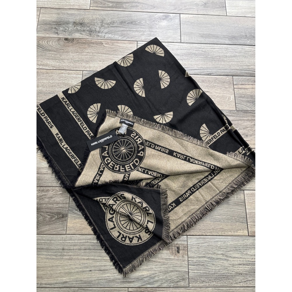 Karl Lagerfeld Paris Scarf Womens Black Gold Fan Logo Reversible Large L4WQ9160